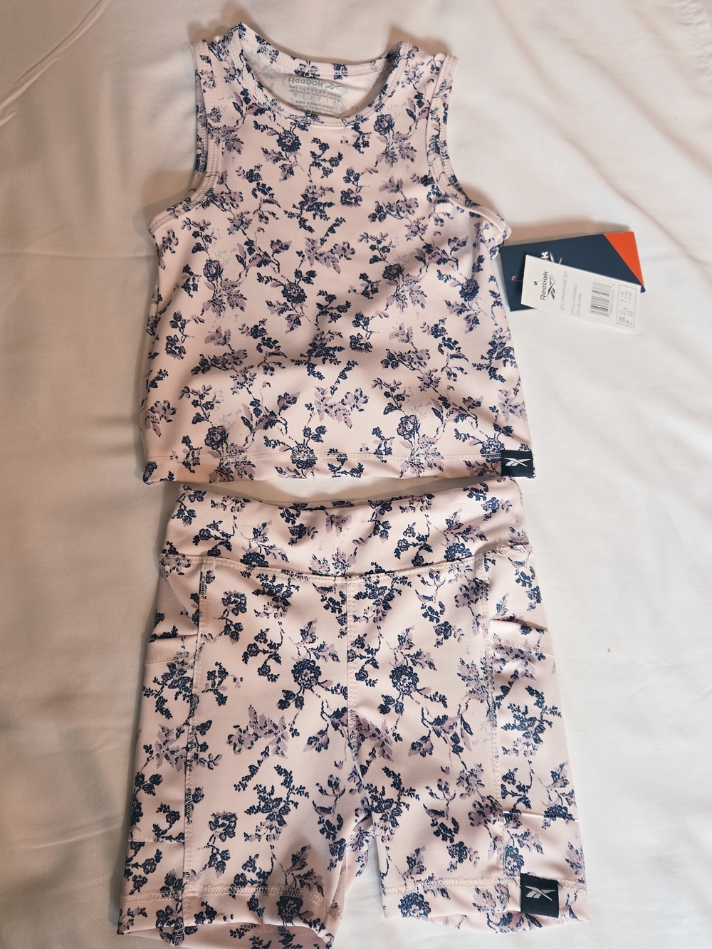 Reebok Light Pink Tank with Navy Floral Trim